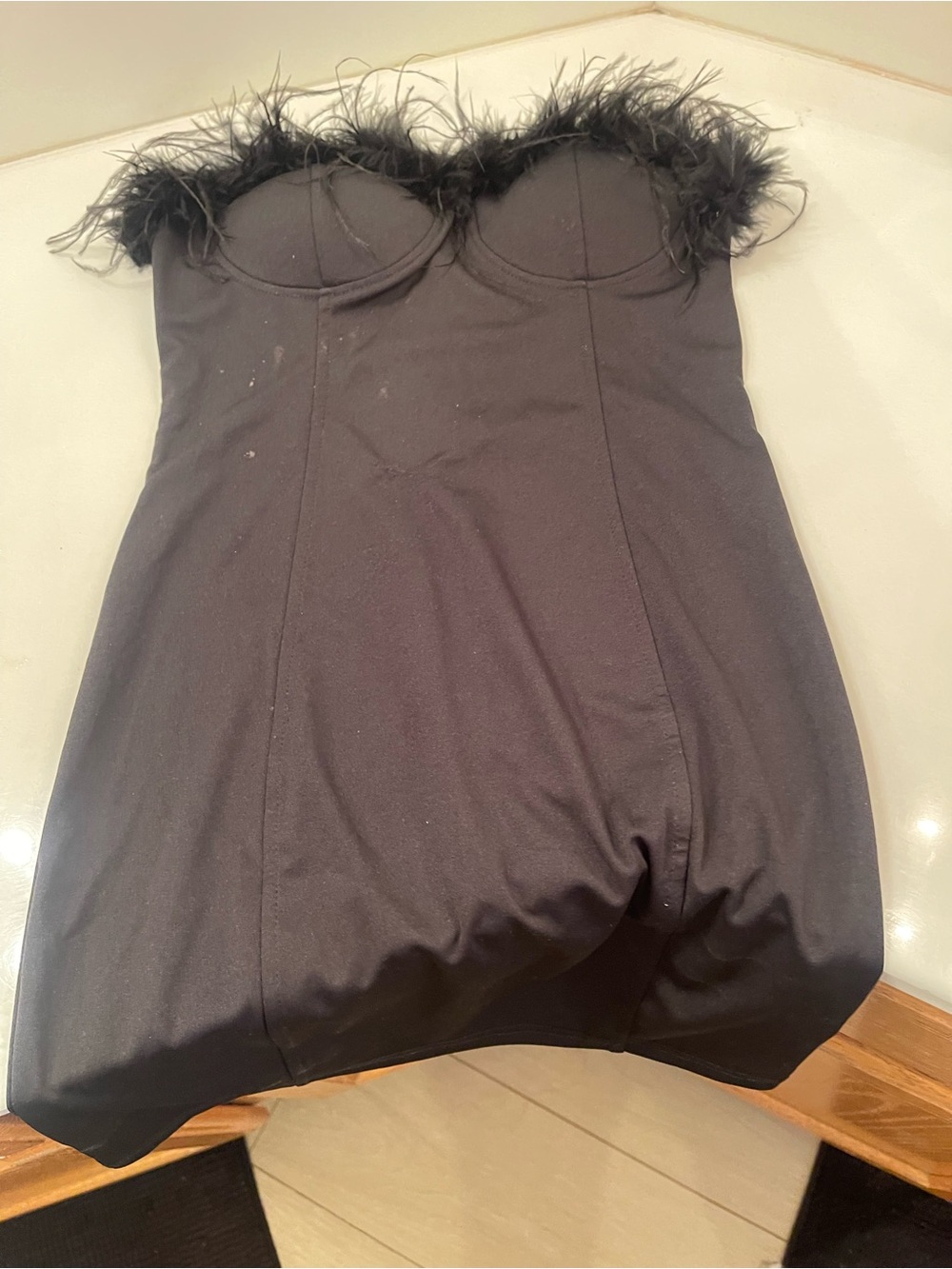 SHEIN Black Strapless Feather-Trim Slip Dress